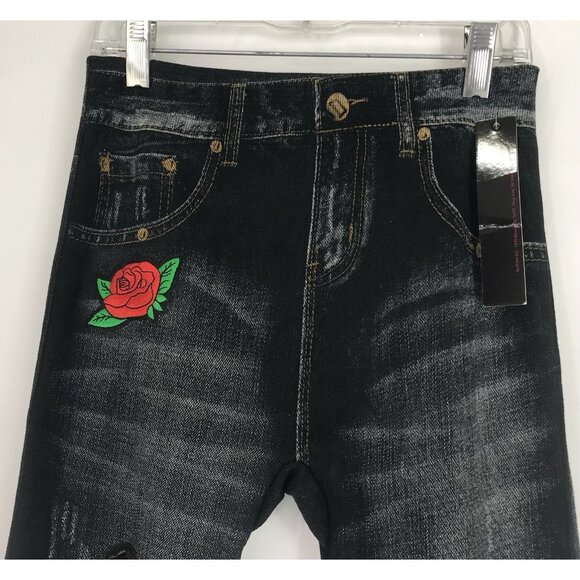 Just One Jeggings Womens Size Large Faux Jeans Rise Floral Stretch Distressed - Picture 4 of 10
